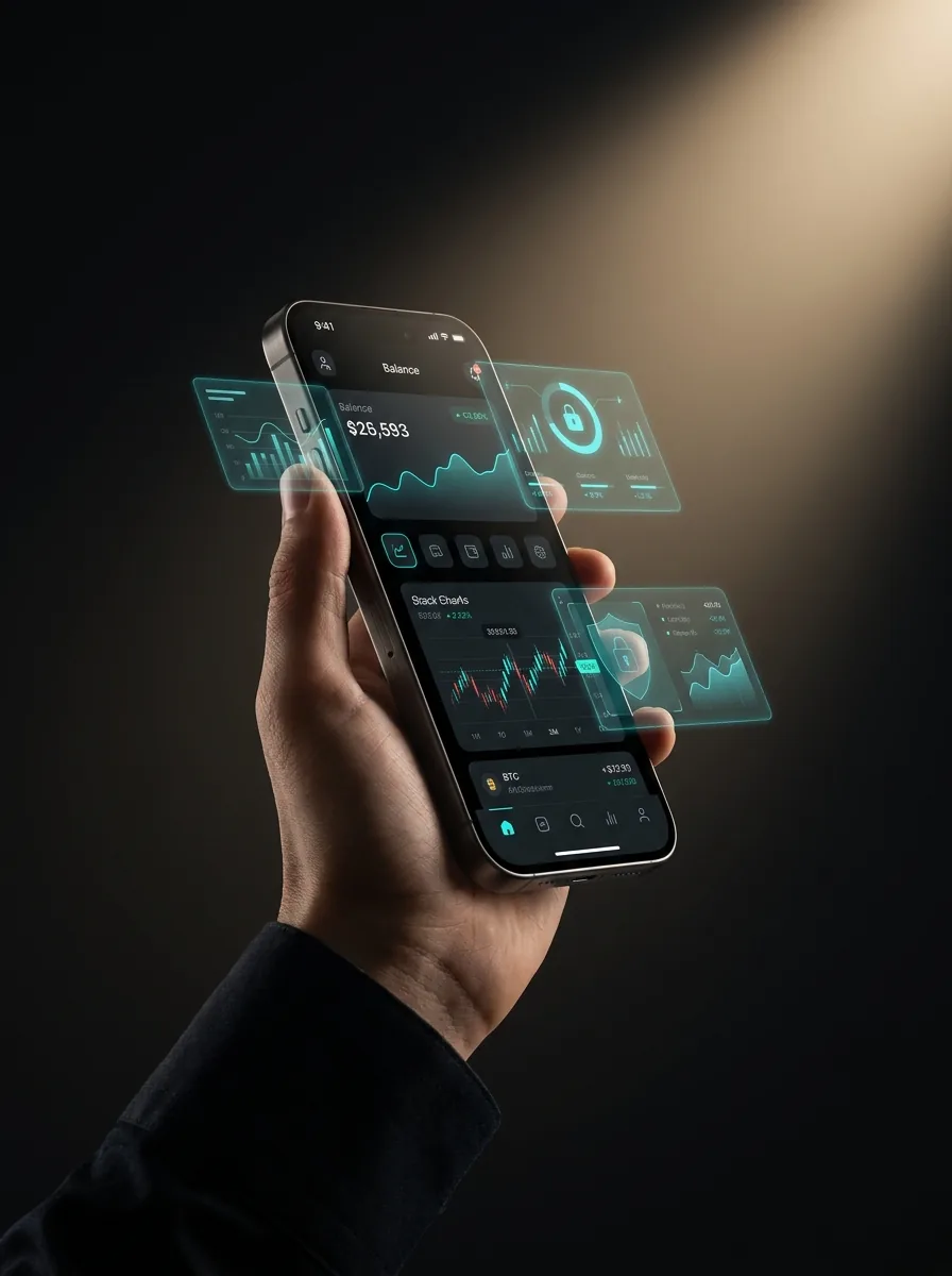 Mão segurando smartphone com aplicativo escuro elegante