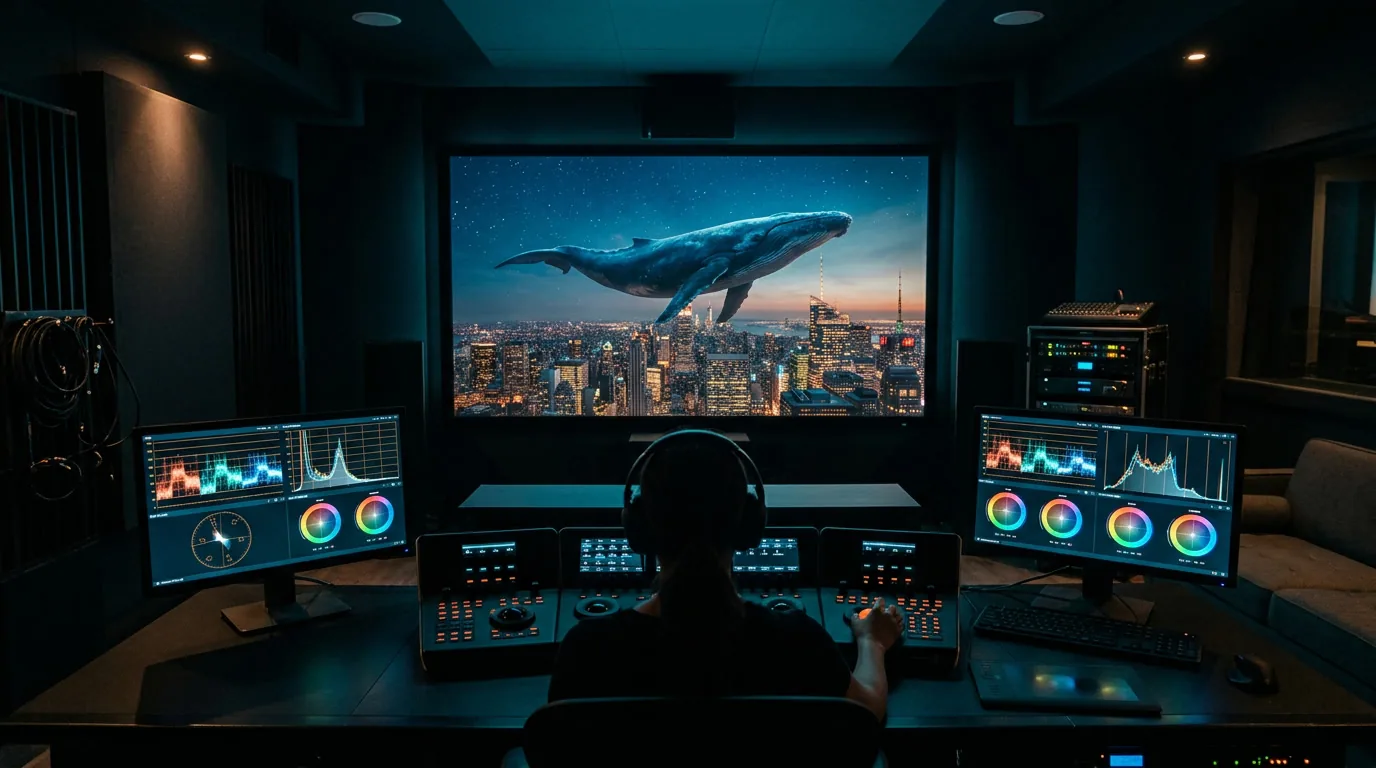 Sala de color grading com monitor exibindo cena cinematográfica