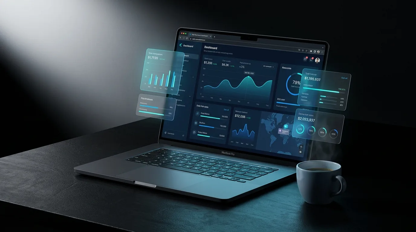 Dashboard escuro e elegante exibido em um laptop