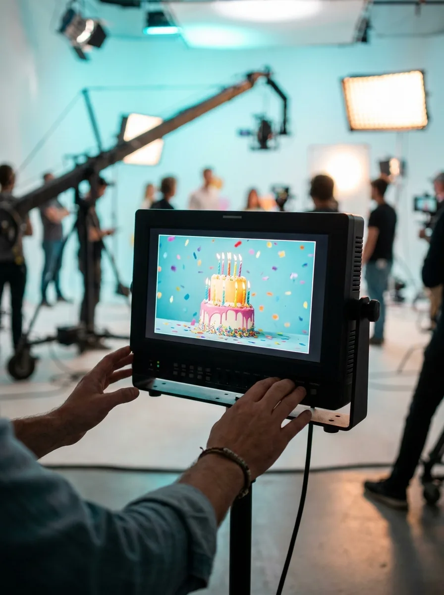 Monitor de diretor exibindo frame de comercial em um set