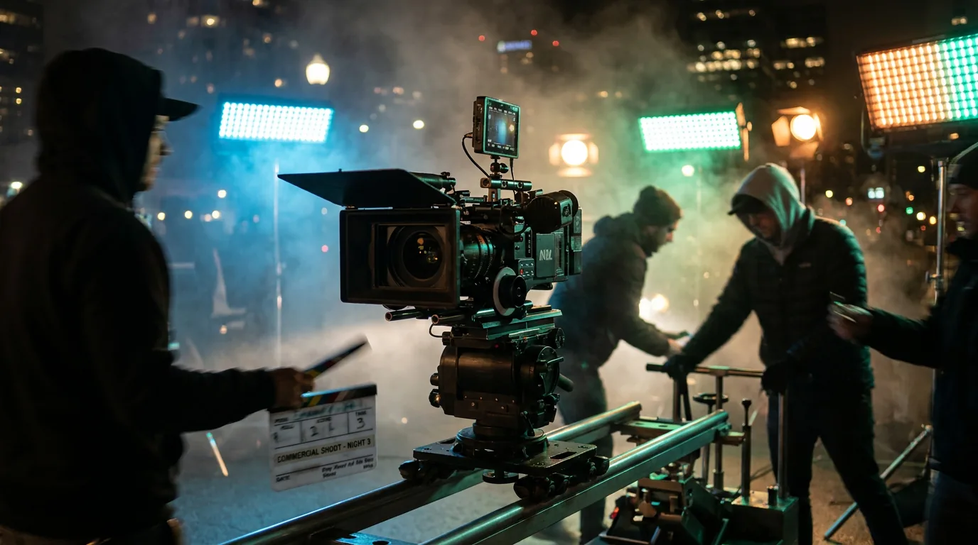 Set de filmagem noturno com câmera de cinema e equipe em ação