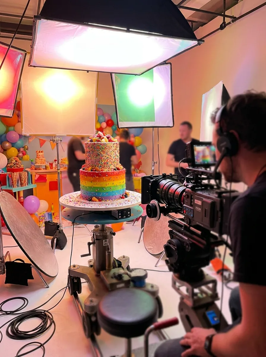 Set colorido de fotografia de produto com bolo e equipamentos de luz