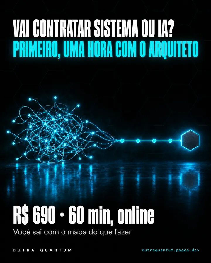 Anúncio: vai contratar sistema ou IA? Primeiro, uma hora com o arquiteto. R$ 690, 60 minutos online