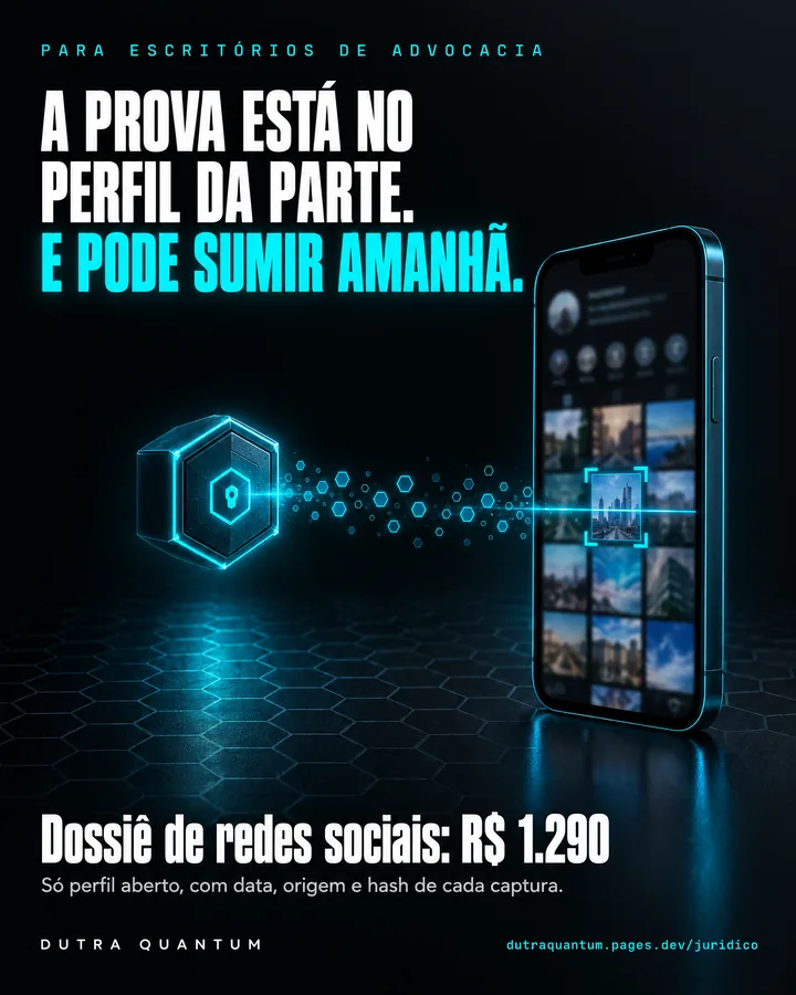 Anúncio para escritórios de advocacia: a prova está no perfil da parte e pode sumir amanhã. Dossiê de redes sociais, R$ 1.290