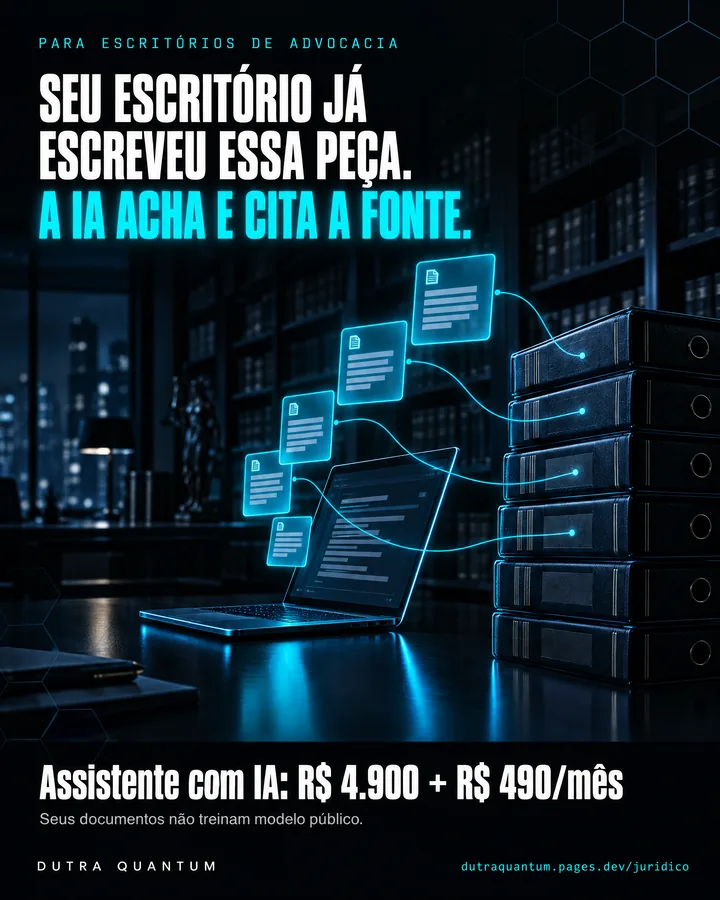 Anúncio para escritórios de advocacia: seu escritório já escreveu essa peça, a IA acha e cita a fonte. Assistente com IA, R$ 4.900 mais R$ 490 por mês