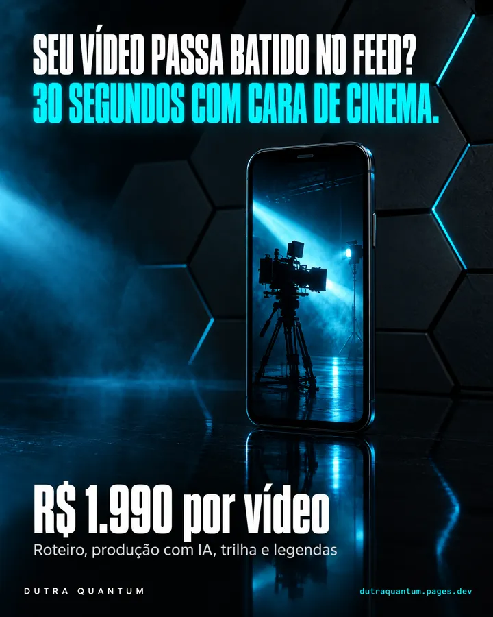 Anúncio: seu vídeo passa batido no feed? 30 segundos com cara de cinema. R$ 1.990 por vídeo